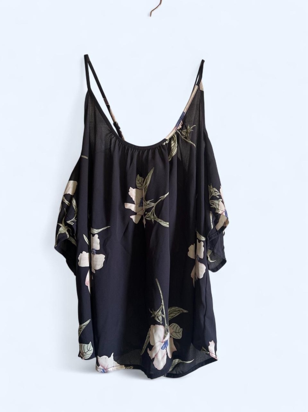 Lumière floral print on navy blouse with cold shoulder sleeves, size S
